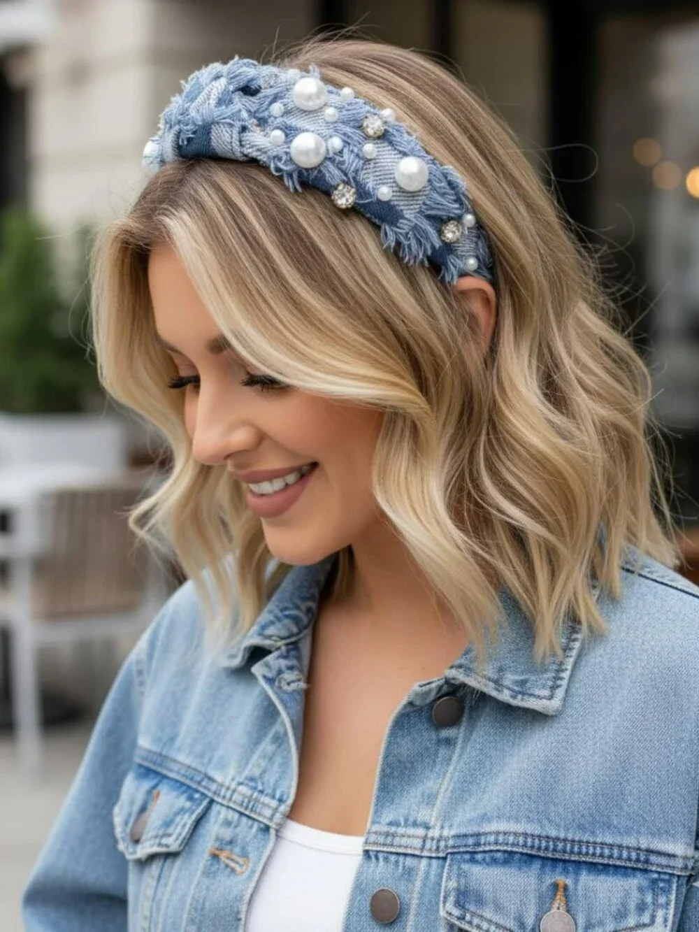 NEW Denim Headband Non Slip Trendy Denim Knotted w Pearls Hair Band Accessories‎